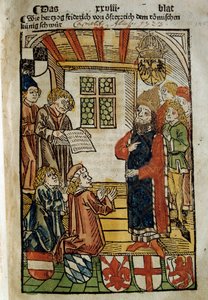 Repræsentation af Konciliet i Konstanz (1414-1418), indkaldt af kejser Sigismund I og modpave Johannes XXIII. Han satte en stopper for Vestens store skisma. Miniature af 1414. Paris. polsk bibliotek af Unknown artist