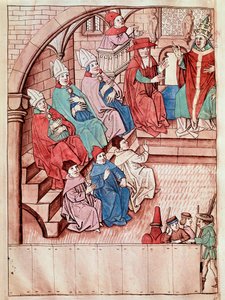 Repræsentation af Konciliet i Konstanz mellem 1414 og 1418, øverst Pave Martin V (Udsigt over Konciliet i Konstanz, ca. 1417) Miniature taget fra "Krønikker fra Konciliet i Konstanz" af Ulrich Richental (1360-1437) 1438 omkring Prag, Nati af Unknown artist