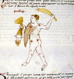 Repræsentation af stjernebilledet Bouvier (Botes) Jægeren Botes holder Berenices hår i hånden. Miniature fra "Astronomica" af Biasino da Parma (Blaise de Parma) (1425-1457) af Unknown artist