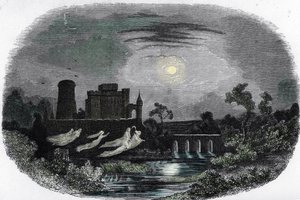 Repræsentation af spøgelserne fra de gamle herrer i Blandy, der flyver rundt om slottets mure, Blandy-les-Tours, Seine og Marne (spøgelser, der hjemsøger slottet Blandy les Tours, Seine og Marne) Indgravering fra "Mysteres des vieux chateaux de Frankrig"" af Unknown artist