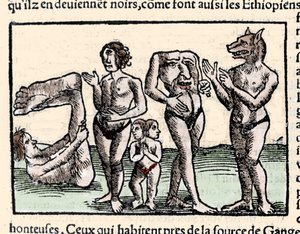 Repræsentation af monstrene beskrevet af Amerigo Vespucci (1451-1512): fra venstre mod højre: en manopod, en kyklop, en mand med to hoveder, en mand uden hoved og en mand med et hundehoved eller cynocephalus. Xilografi taget fra Sebastien Munsters "Univers af Unknown artist