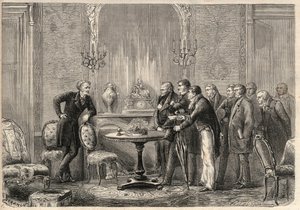 Repræsentation af skuespillet "" Mercadet"" (Le Faiseur) af Honore de Balzac (1799-1850) ved Comedie Francaise. Akt III, Scene VI. Gravering i "" L