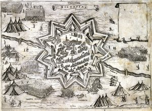 Repræsentation af belejringen af Nicosia på øen Cypern i 1191 under det 3. korstog af Richard Lion Heart. 16. århundrede. af Unknown artist