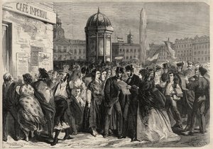 Revolution i september 1868 i Spanien (Gloriosa): læsning af juntaens manifest på gaden Alcala i Madrid. Gravering i "" L