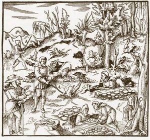 Rhabdomancy - rhabdomancie - Udforskning af et minefelt ved hjælp af spådomsstaven - Mænd skærer og bruger spådomsstave til at lokalisere mineraler - Fra "" De re metallica"" af Georgius Agricola (Georg Bauer), Basel af Unknown artist