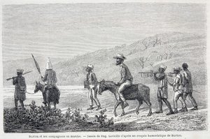 Richard Francis Burton, britisk opdagelsesrejsende (1821-1890), og hans ledsagere i Afrika. Tegning, der illustrerer artiklen "" Kaptajn Burtons rejse til Afrikas Store Søer 1857-59" - i "" Tour du Monde"", 2. semester. 1860 af Unknown artist