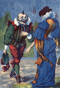 Riquet præsenterer sig selv for prinsessen igen. Illustration til "Riquet a la houppe", fortælling af Charles Perrault (1628-1703), fransk forfatter. Anonym illustration. Billedmateriale Marcel Vagne, Jarville Nancy, udateret (slutningen af det 19. århundr af Unknown artist