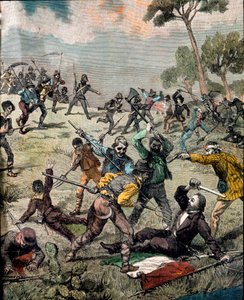 Risorgimento: "" den italienske revolutionær Carlo Pisacane (1818-1857) bliver stormet af bønder i Sapri den 28/06/1857"" Gravering Privat Samling af Unknown artist