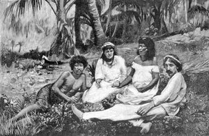 Robert Louis Stevenson (1850 - 1894) med sin kone i Samoa, hvor han fik sin bolig udgivet i Vailima. Stik omkring 1890-1895. af Unknown artist