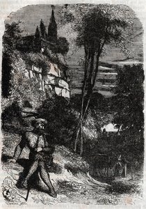Rodomont, Isabella og den gamle eremit - 1851 gravering fra "" Furious Roland"" (Orlando furioso) (1500-tallet) af Ludovico Ariosto, kendt som Ariosto - Udgave oversat fra italiensk af greven af Tressan og udgivet af Gustave Harvard 1851 af Unknown artist