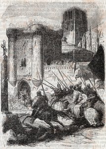 Rodomont bryder dørene til Palais i Paris - indgravering af 1851 fra "" Roland furieux"" (Orlando furioso) (1500-tallet) af Ludovico Ariosto, kendt som Arioste - Udgave oversat fra italiensk af greven af Tressan og udgivet af Gustave Harv af Unknown artist