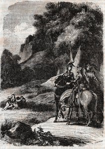 Roger (Ruggero, Ruggiero), Marphise (Marfisa) og de tre kvinder - gravering fra 1851 fra "" Roland furieux"" (1500-tallet) af Ludovico Ariosto, kaldet Ariosto - Udgave oversat fra italiensk af greven af ​​Tressan og udgivet af af Unknown artist