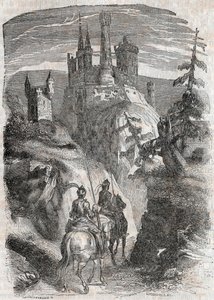 Roger (Ruggero, Ruggiero) og Richardet ser slottet Aigremont - gravering fra 1851 fra "" Roland furieux"" (1500-tallet) af Ludovico Ariosto, kendt som Ariosta - Udgave oversat fra italiensk af greven af ​​Tressan og publ. af Unknown artist