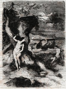 Roland leverer Olympus - gravering af 1851 fra "" Roland the Furious"" (Orlando the Furious) (1500-tallet) af Ludovico Ariosto, kendt som Ariosto - Edition oversat fra italiensk af greven af ​​Tressan og udgivet af Gustave Harvard af Unknown artist
