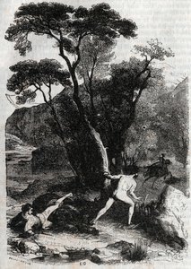 Roland forfølger Angelique (Angelica) - gravering af 1851 fra "" Furious Roland"" (1500-tallet) af Ludovico Ariosto, kendt som Ariosto - Udgave oversat fra italiensk af greven af ​​Tressan og udgivet af Gustave Harvard af Unknown artist