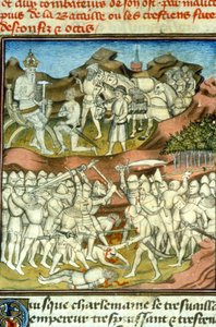 Rolands død. Karl den Store sender sine riddere til kamp; ridderen Roland bliver dræbt i slaget ved Roncesvaux (778) - middelalderens miniature (ref. 512 af Unknown artist