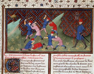 Roman af Ogier den danske: kampen med hånden og med miniaturepinden taget fra "" Chronicle of Bertrand du Guesclin"" (Ms 490) 1405 Musee Conde, Chantilly af Unknown artist