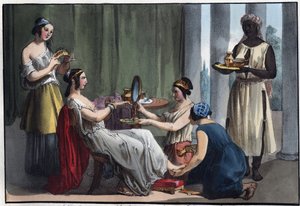 Romersk dame ved sit toilet - indgravering fra "" Skikke og traditioner for alle mennesker i universet. Det vil sige historien om regeringen, lovene, militsen, om alle nationers religion fra de fjerneste tider til i dag "1856 af Unknown artist
