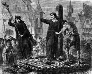 Romersk føljeton: "" Confessions of Marion Delorme"" af Eugene de Mirecourt (1824-1887). Anklaget for hekseri bliver præsten Urbain Grandier (1590-1634) brændt på en slagter. Inden han dør, kaster han til sine bødler: ”Inden for et år kalder jeg jer alle t af Unknown artist