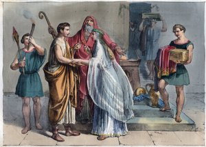 Romersk bryllup på republikkens tid - gravering fra "" skikke og traditioner for alle folk i universet. Det vil sige historien om regeringen, lovene, militsen, om alle nationers religion fra de fjerneste tider til i dag "1856 af Unknown artist