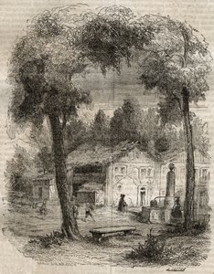 Rousseau a Motiers (Canton of Neuchatel) - Illustration til "" bekendelserne" af Jean-Jacques (Jean Jacques) Rousseau (1712-1778) - gravering af 1849 af Unknown artist
