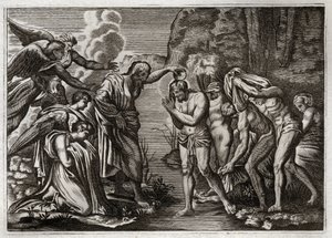 Royaumont Bible, Det Nye Testamente: Jesu Kristi Dåb. Johannes Døberen døber Jesus Kristus i Jordanflodens vand. Illustration fra 1811. af Unknown artist