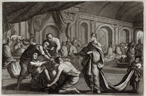 Royaumont Bible, Det Nye Testamente: Brudekjole. Lignelse om en konge, der foretog sin søns bryllup, hvorfra han afviste en mand, der ikke havde brudekjolen. Illustration fra 1811. af Unknown artist