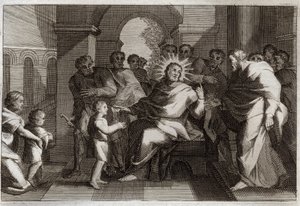 Royaumont Bibelen, Det Nye Testamente: Børnemodel for ydmyghed. Jesus Kristus foreslår sine disciple et barn som et forbillede for den ydmyge kristne. Illustration fra 1811. af Unknown artist