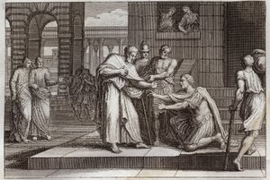 Royaumont Bibelen, Det Nye Testamente: Cornelius døber. Crow the centurion modtager troen på Jesus Kristus og bliver døbt af St. Peter. Illustration fra 1811. af Unknown artist
