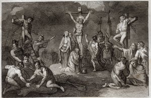 Royaumont Bible, Det Nye Testamente: Jesu Kristi korsfæstelse. Jomfru Maria, Sankt Maria Magdalena og Sankt Johannes ved foden af korset, Sankt Longin Centurion (Saint Longinus) med sit spyd, soldater, der spiller Kristi tunika. På siderne er repr af Unknown artist