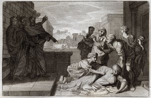 Royaumont Bibelen, Det Nye Testamente: Ananias og hans kone Saphires død før St. Peter og St. John. Illustration fra 1811. af Unknown artist