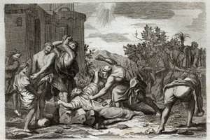 Royaumont Bibelen, Det Nye Testamente: St Stephens, første kristne martyrs død ved stening. Illustration fra 1811. af Unknown artist