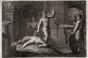 Royaumont Bible, Det Nye Testamente: Dekollering af Johannes Døberen. Man lægger hovedet på et plateau. Illustration fra 1811. af Unknown artist
