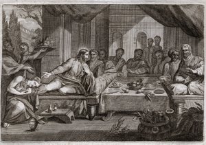 Royaumont Bible, Det Nye Testamente: Middag hos farisæeren Simon. Maria Magdalene gik hen for at græde ved Jesu Kristi fødder hos farisæeren Simon og fik tilgivelse for sine synder. Hun salver Kristi fødder med salve og tørrer dem med sit hår. Il af Unknown artist