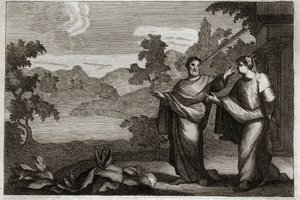 Royaumont Bibelen, Det Nye Testamente: Døm ikke andre. Når du har en bjælke i øjet, skal du ikke bryde dig om at trække et sugerør fra din brors øje (lignelsen om halmen og bjælken). Illustration fra 1811. af Unknown artist