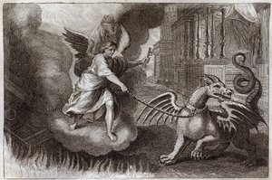 Royaumont Bibelen, Det Nye Testamente: Dragekæder. Åbenbaringens Drage, symbol på Djævelen, er lænket af en engel, der holder nøglen til abime. Illustration fra 1811. af Unknown artist