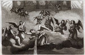 Royaumont Bible, Det Nye Testamente: Åbenbaringens Drage. Syv engle hælder indholdet af deres bæger, symbol på Guds vrede, ud på jorden. Illustration fra 1811. af Unknown artist