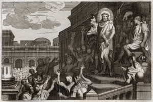 Royaumont Bibelen, Det Nye Testamente: Ecce homo. Pontius Pilatus (Pontius Pilatus) præsenterer Jesus Kristus med torne til mængden og siger: "Her er manden". Illustration fra 1811. af Unknown artist
