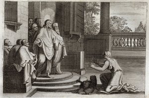 Royaumont Bibelen, Det Nye Testamente: Jesus Kristus og Kanaans hustru (Kanan eller den fremmede kvinde). En bonde beder Herren om hjælp til at helbrede sin datter. Kristus svarede ham: "Jeg blev kun sendt til de fortabte får af Israels hus." Illustration  af Unknown artist