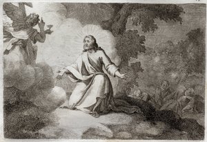 Royaumont Bibelen, Det Nye Testamente: Jesus Kristus i haven (bøn på Oliebjerget). En engel, der holder en kalk, viser sig for Jesus. Skt. Peters, St. Johannes og St. Jakobs apoters sover. Illustration fra 1811. af Unknown artist