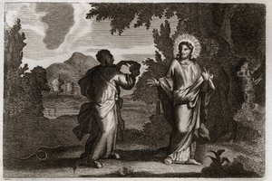 Royaumont Bibelen, Det Nye Testamente: Jesus Kristus i ørkenen. Jesus bliver drevet ud i ørkenen. Han unge fyrre dage og fyrre nætter. Han bliver fristet af dæmonen, der inviterer ham til at forvandle sten til brød. Illustration fra 1811. af Unknown artist