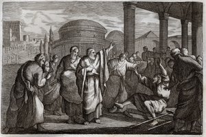 Royaumont Bibelen, Det Nye Testamente: Lame gueri. Saint Paul kriger en lam og arresterer et folk, der ønskede at ofre til ham som en Gud. Illustration fra 1811. af Unknown artist