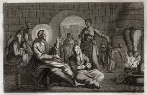 Royaumont Bibelen, Det Nye Testamente: Martha og Maria. Jesus Kristus træder ind i Marthas hus, som skynder sig at modtage ham, mens hans søster, Maria af Bethanie, hører hans ord. Illustration fra 1811. af Unknown artist