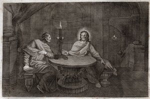 Royaumont Bibelen, Det Nye Testamente: Nikodema kommer for at finde Jesus Kristus om natten. Illustration fra 1811. af Unknown artist