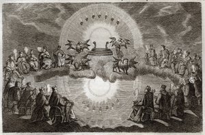 Royaumont Bible, Det Nye Testamente: Åben himmel. En trone dukker op omgivet af en løve, en okse, en mand og en ørn (tetramorf) og syv lamper. Fireogtyve gamle mennesker, der sidder på troner, omgiver dette syn. Illustration fra 1811. af Unknown artist