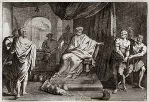 Royaumont Bible, Det Nye Testamente: Lignelse om talenter. En mester straffer en af sine tjenere, som gemte de penge, han gav ham. Illustration fra 1811. af Unknown artist