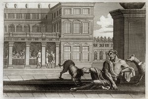 Royaumont Bibelen, Det Nye Testamente: Lignelse om den onde rige repræsenterer ved bordet i ryggen og Lazarus tiggeren, hvis hunde af de rige slikker sårene. Illustration fra 1811. af Unknown artist