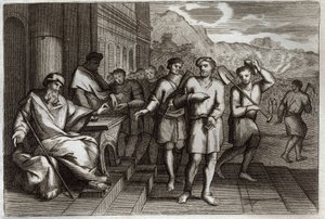 Royaumont Bible, Det Nye Testamente: Lignelse om vinarbejdere eller lignelse om arbejdere i den ellevte time. Arbejdere, som familiens fader sender for at arbejde i sin vingård. Illustration fra 1811. af Unknown artist