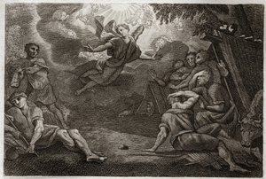 Royaumont Bibelen, Det Nye Testamente: Præster i vuggestuen. En engel annoncerer Jesu Kristi fødsel til præsterne (Bebudelse til hyrderne). Illustration fra 1811. af Unknown artist