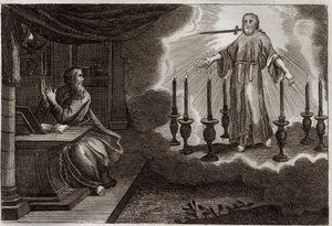 Royaumont Bible, Det Nye Testamente: Johannes åbenbaringer i Åbenbaringen. Jesus Kristus viser sig i Sankt Johannes mellem syv gyldne lysestager, med syv stjerner i hans højre hånd og et sværd, der kommer ud af hans mund. Illustration fra 1811. af Unknown artist
